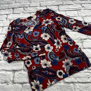 Talbots Petite Red Blue Floral Paisley Merino Wool Sweater Top SP Long Sleeve
